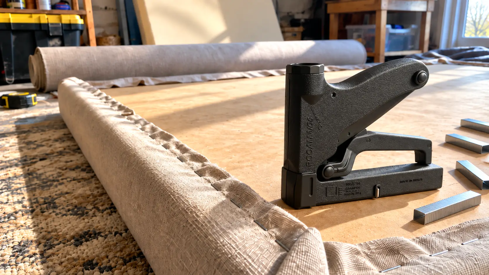 Cabeceira de cama estofada virada para baixo com tecido grampeado no verso e grampeador de tapeceiro Rocama ao lado.