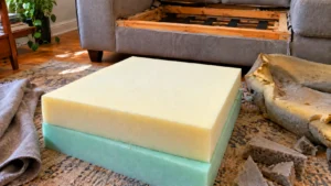 Placas de espuma nova empilhadas ao lado de sofá aberto com a espuma velha retirada